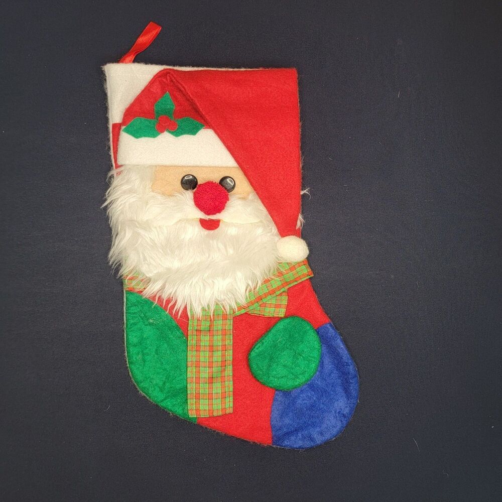 Santa Claus Christmas Stocking with a Faux Fur Beard and Red Hat Holly 14”